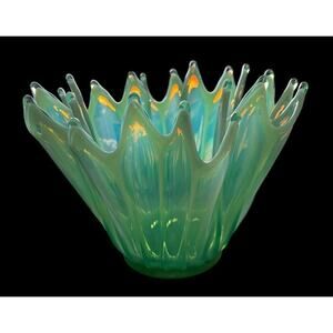 Fostoria Heirloom Green Opalescent Handkerchief Glass Bowl Decorative Piece 10"